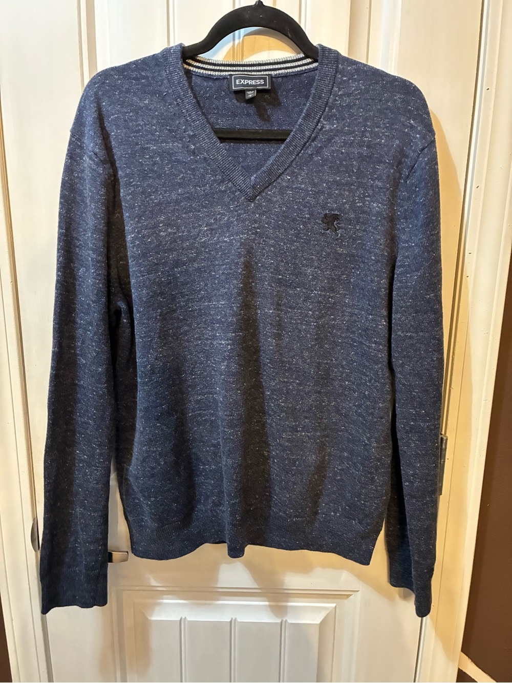 Express Men's Navy Marled V-Neck Sweater